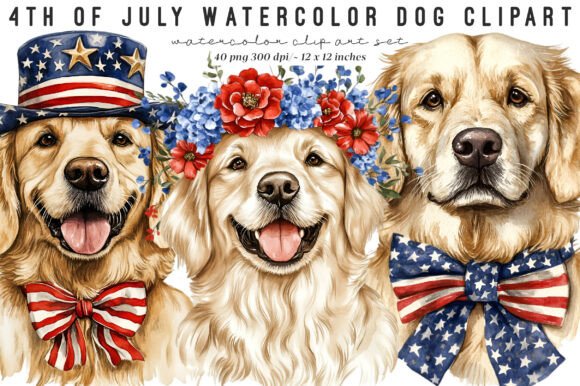 4th of July Watercolor Dog Clipart