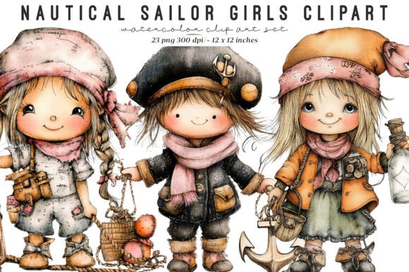 Nautical Sailor Girls Clipart Bundle for Creative Professionals
