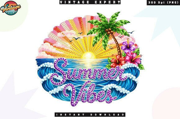 Summer Vibes Glitter Sunset Beach PNG
