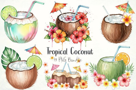 Tropical Coconut Beach Cocktails Clipart: A Creative Essential for Modern Design Projects