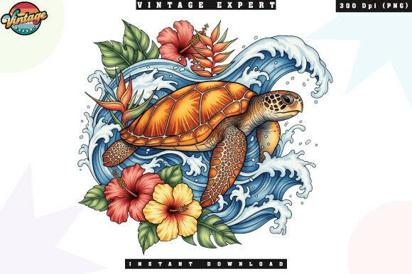 Tropical Turtle Ocean Waves Hibiscus PNG
