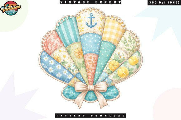 Vintage Seashell Coastal Patchwork PNG