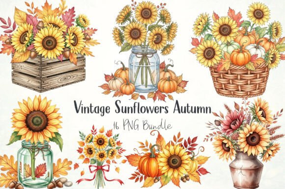 Vintage Sunflowers Autumn Clipart Bundle