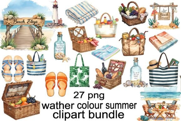 Watercolor Beach Picnic Clipart Bundle: A Creative Designer’s Essential for Coastal-Themed Projects