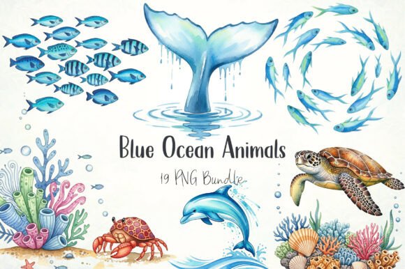 Watercolor Blue Ocean Animals Clipart: A Versatile Design Resource for Creative Projects