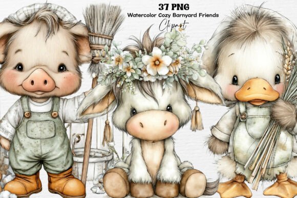 Watercolor Cozy Barnyard Friends Clipart: A Versatile Design Resource for Creative Projects