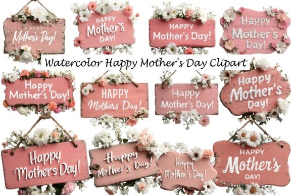Watercolor Happy Mother's Day Clipart for Creative Design Projects